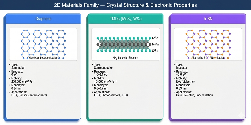 2D materials family overview — graphene honeycomb lattice, TMD sandwich structure, and h-BN alternating boron-nitrogen lattice with electronic properties comparison