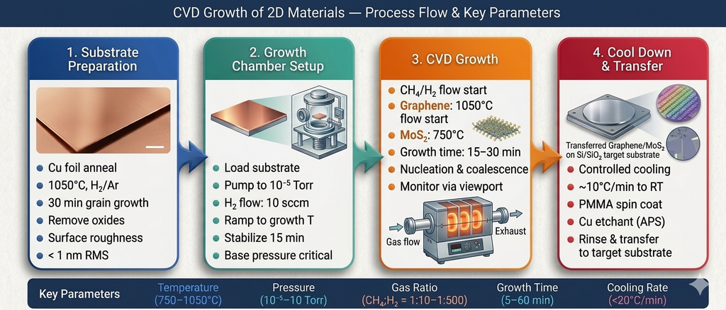 CVD growth process flow for 2D materials — substrate preparation, chamber setup, growth phase, and cool-down with key temperature and gas ratio parameters
