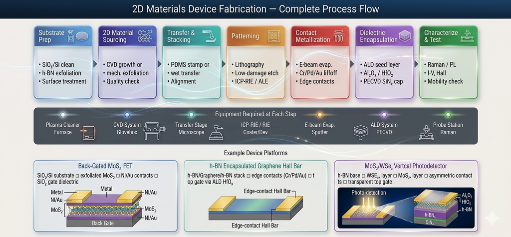 Complete 2D materials device fabrication flow — seven-step pipeline from substrate prep through characterization with equipment requirements and example device platforms