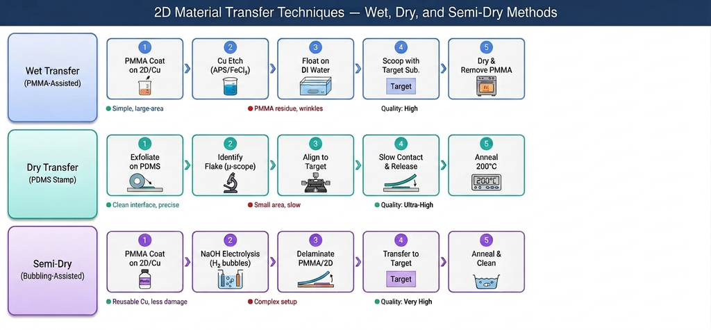 2D material transfer techniques comparison — wet PMMA-assisted, dry PDMS stamp, and semi-dry electrochemical delamination methods with process steps and quality ratings