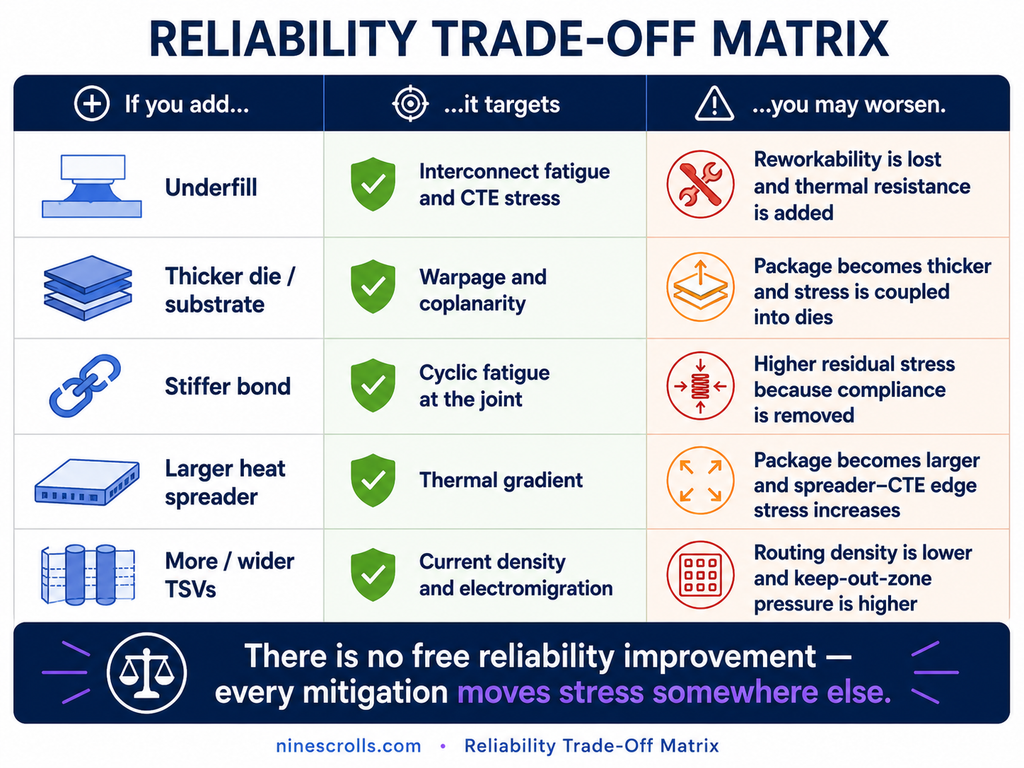 Reliability trade-off matrix: underfill, thicker die, stiffer bond, larger heat spreader, and more TSVs, each with the failure it targets and the new cost it introduces