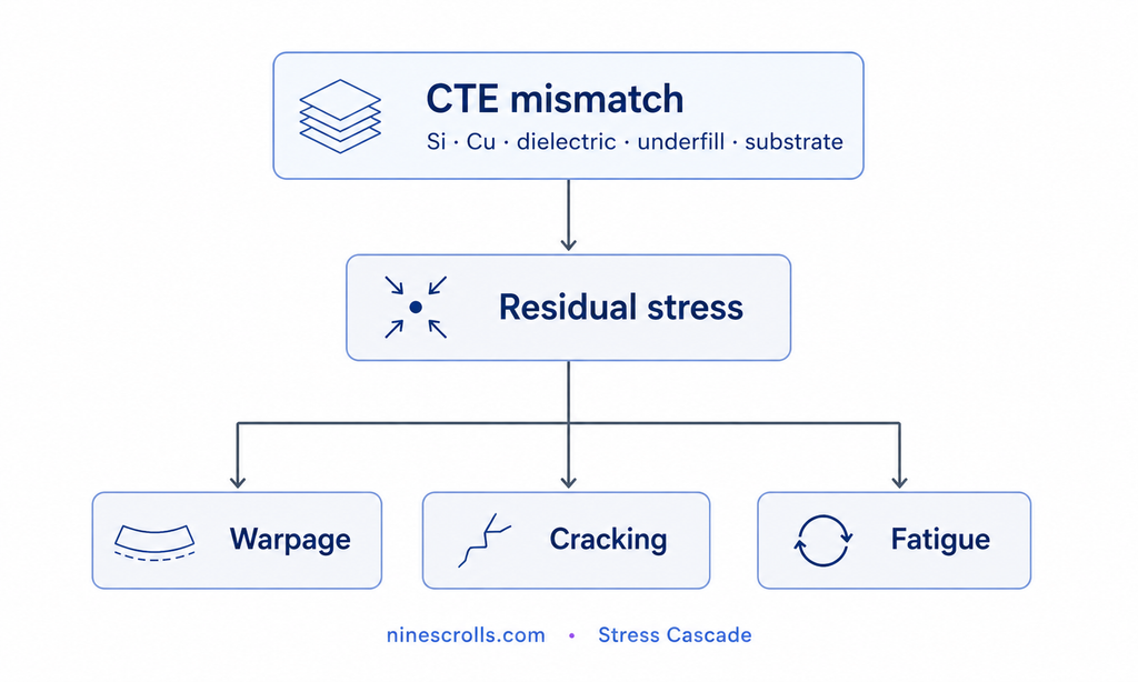 Stress cascade: CTE mismatch across silicon, copper, dielectric, underfill, and substrate produces residual stress, which branches into warpage, cracking, and fatigue