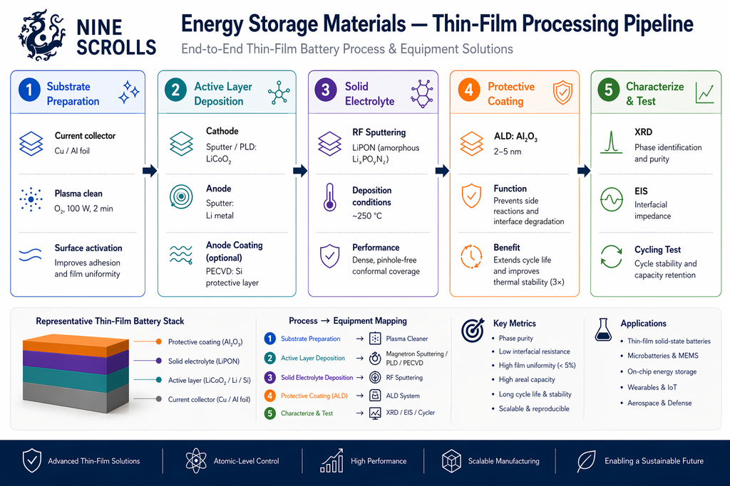 Energy storage materials thin-film processing pipeline — substrate preparation, active layer deposition, solid electrolyte, protective coating, and characterization