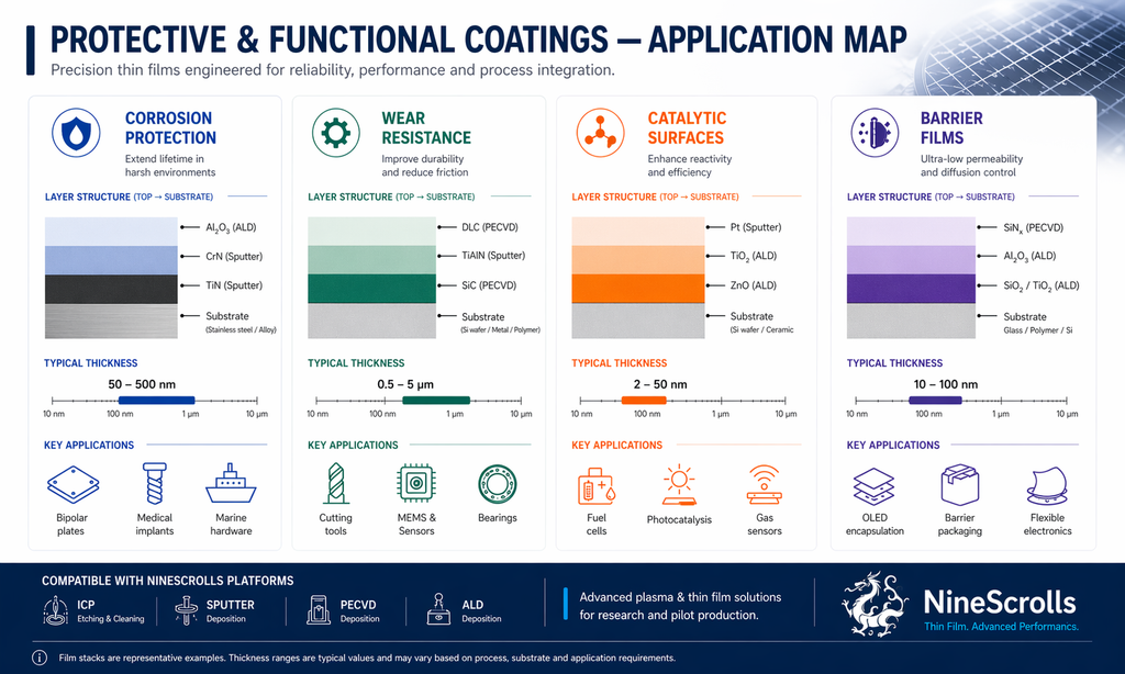 Protective and functional coatings application map — corrosion protection, wear resistance, catalytic surfaces, and barrier films with layer structures and key applications
