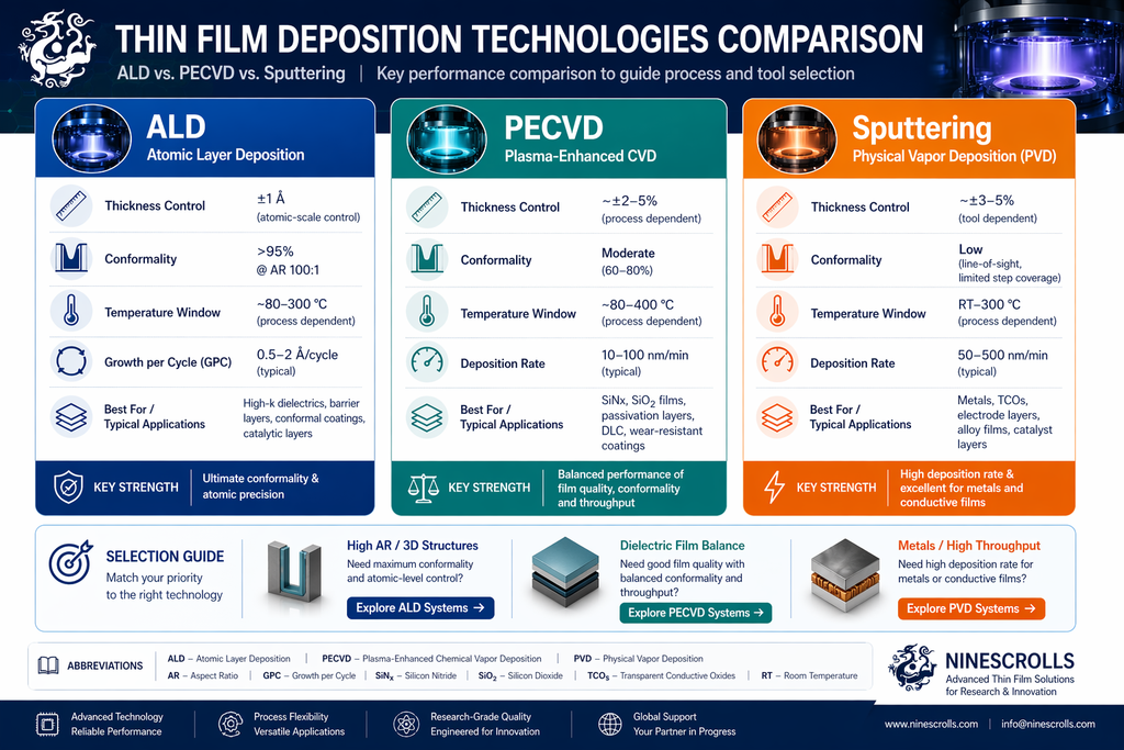Thin film deposition technologies comparison — ALD, PECVD, and sputtering with key performance parameters for advanced materials processing