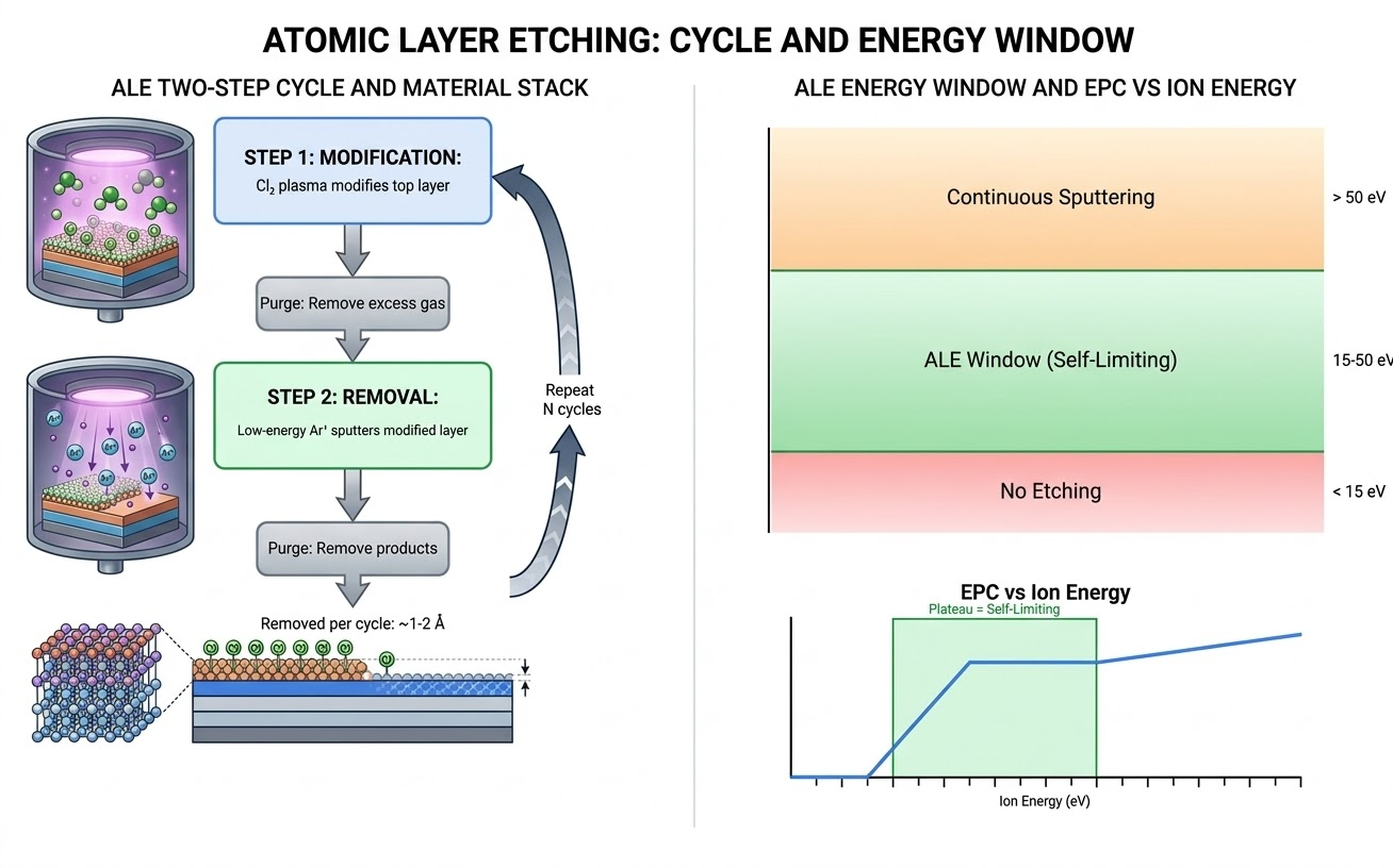 ALE two-step cycle diagram showing surface modification and removal steps with energy window
