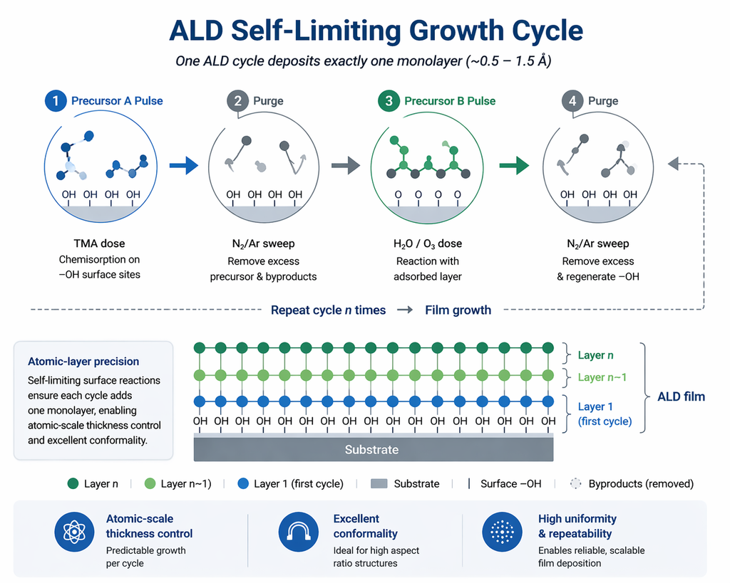 ALD self-limiting growth cycle — four steps (TMA precursor A pulse, purge, H2O precursor B pulse, purge) depositing one atomic monolayer per cycle with layer-by-layer film growth