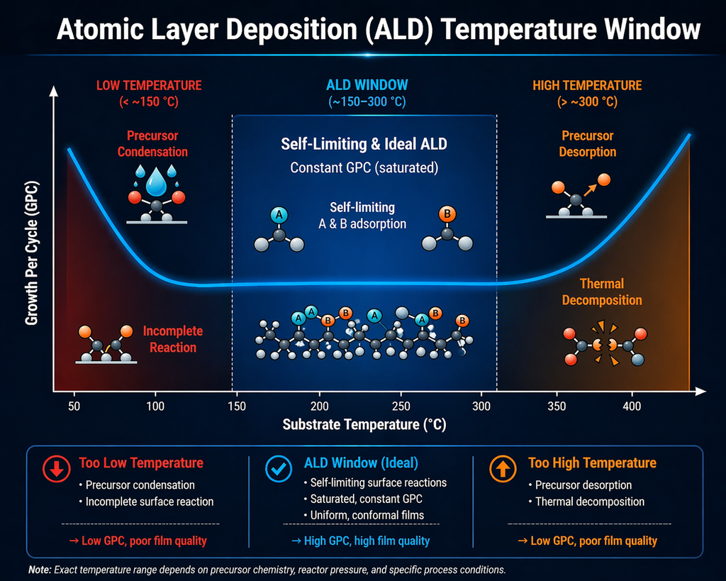 ALD temperature window diagram showing low-temperature precursor condensation, self-limiting ALD window with constant GPC, and high-temperature thermal decomposition/desorption regimes