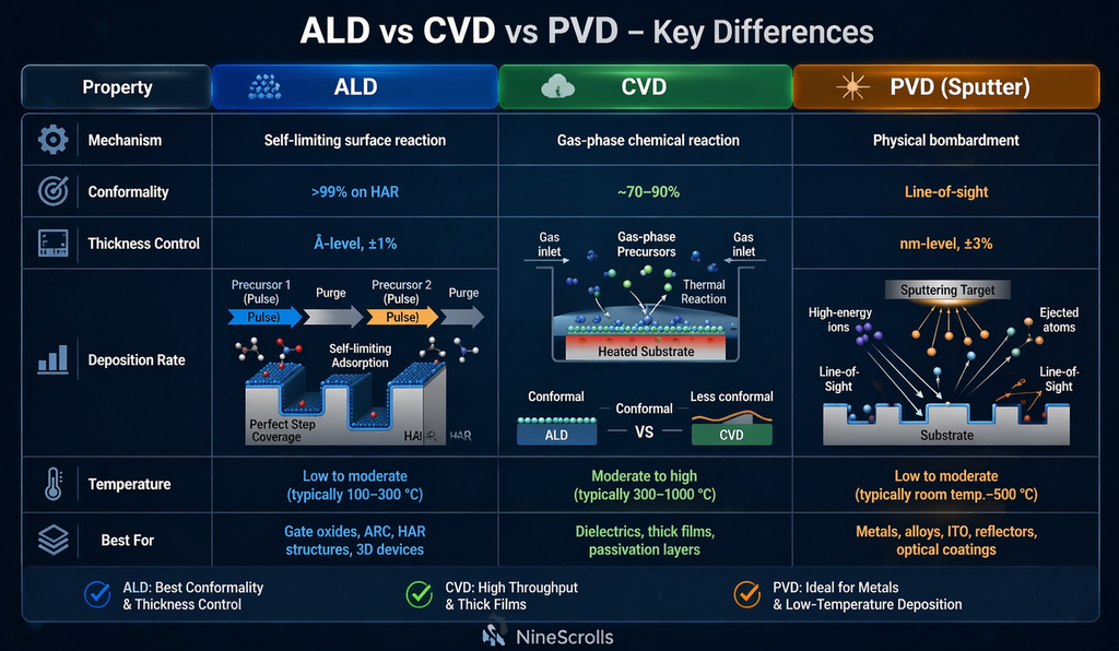 ALD vs CVD vs PVD comparison — self-limiting surface reaction vs gas-phase chemical reaction vs physical bombardment, with key differences in conformality, thickness control, deposition rate, and temperature