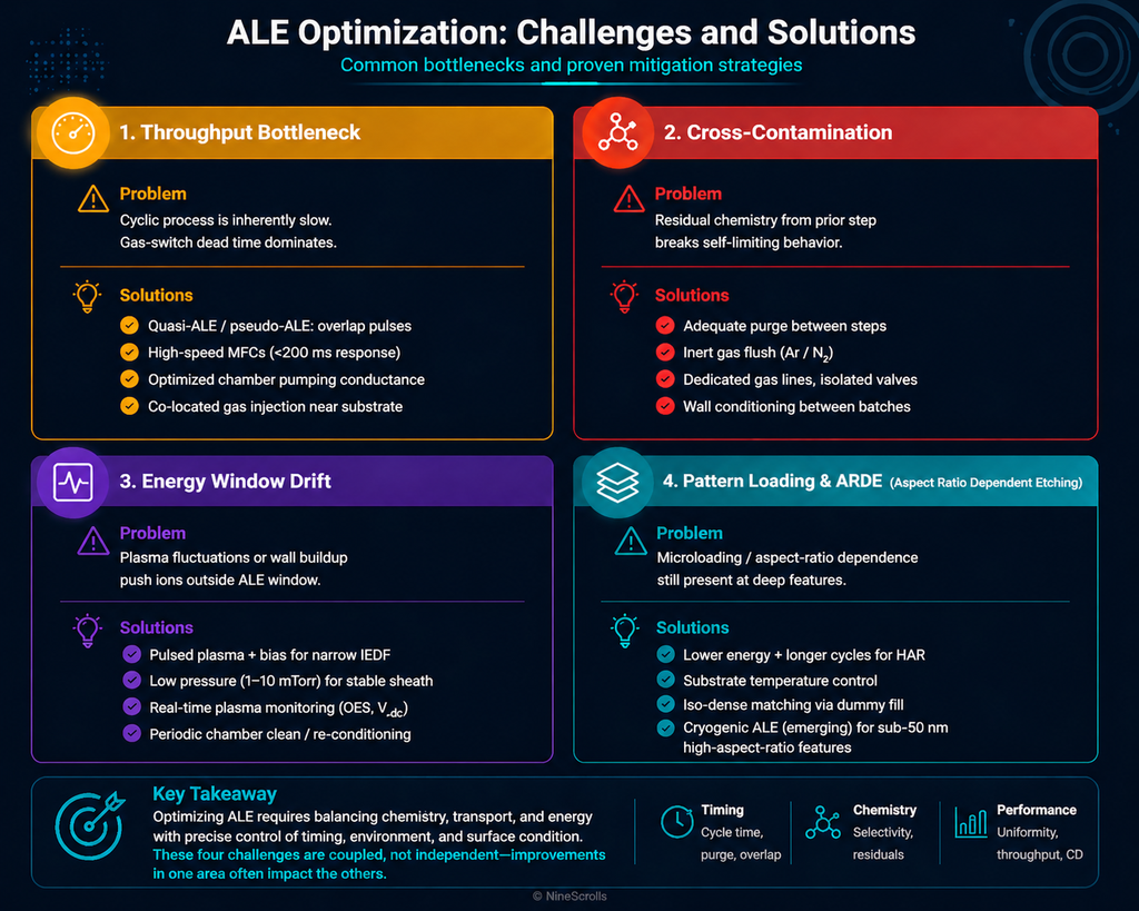 ALE optimization challenges and solutions — throughput bottleneck, cross-contamination, energy window drift, and pattern loading / ARDE with proven mitigation strategies