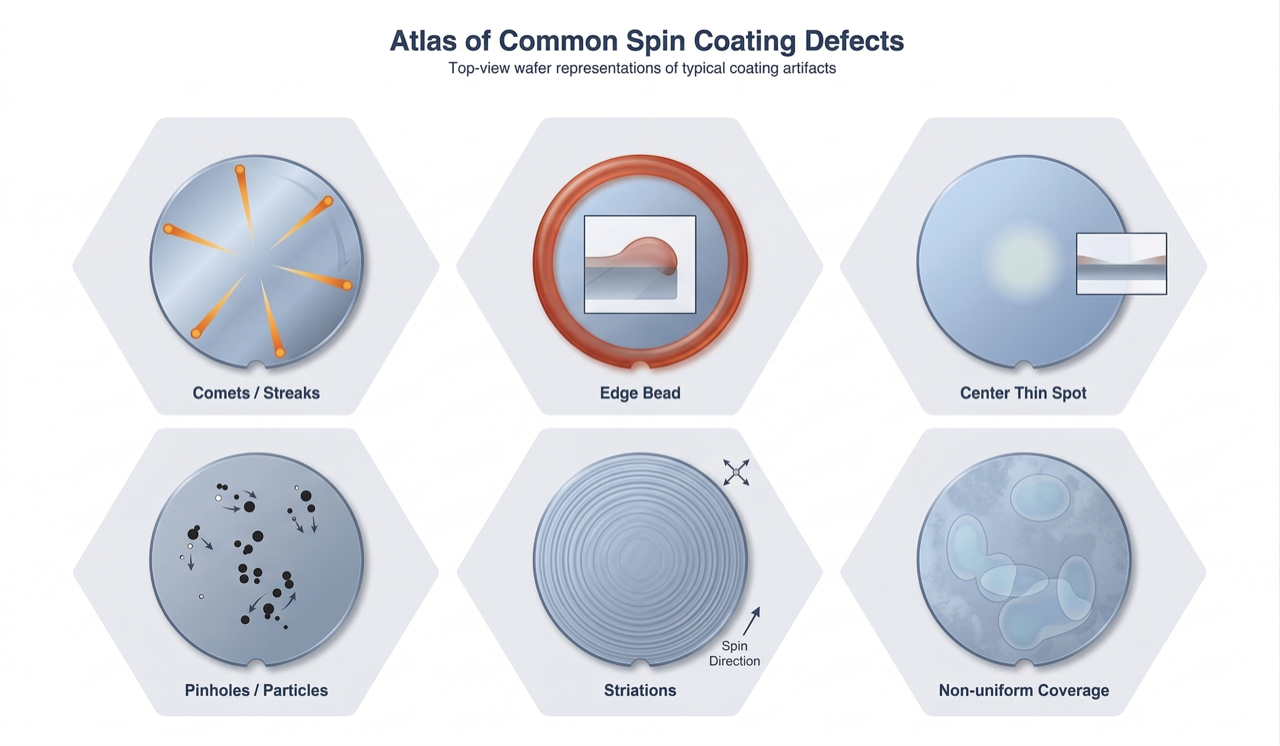 Common spin coating defect types on wafers