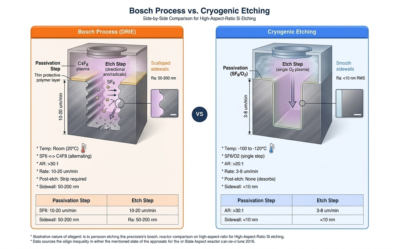 Side-by-side comparison of cryogenic etching vs Bosch process trench profiles in silicon
