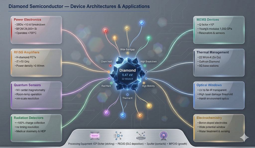 Diamond semiconductor device architectures and applications overview — power electronics, RF/5G amplifiers, quantum sensors, radiation detectors, MEMS, thermal management, optical windows, and electrochemistry