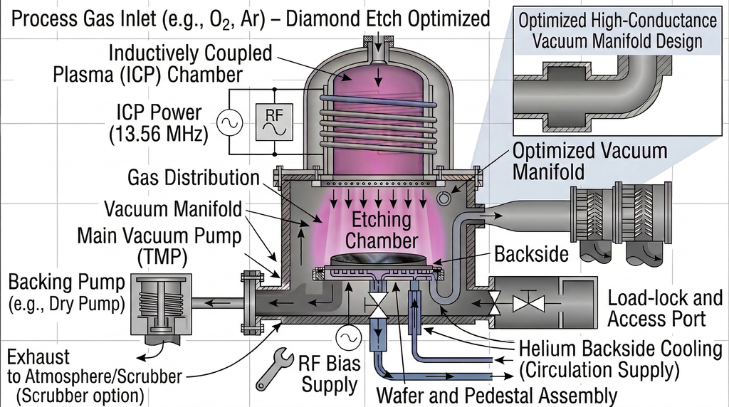 Cross-section diagram of an ICP etching system optimized for diamond processing, showing coupling coil, plasma chamber, RF bias electrode, vacuum manifold, and helium backside cooling