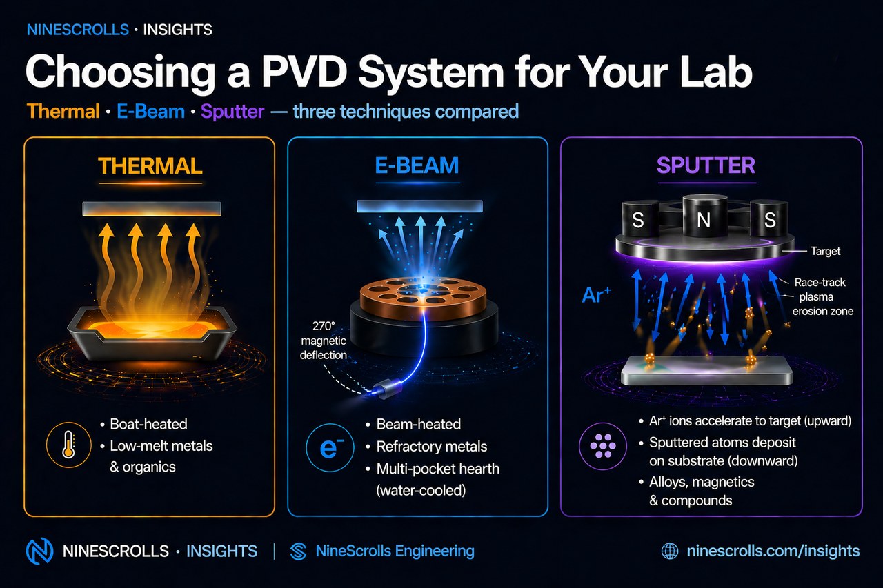 Cover image: three PVD techniques compared side by side — thermal evaporation boat, electron beam crucible, and magnetron sputter target