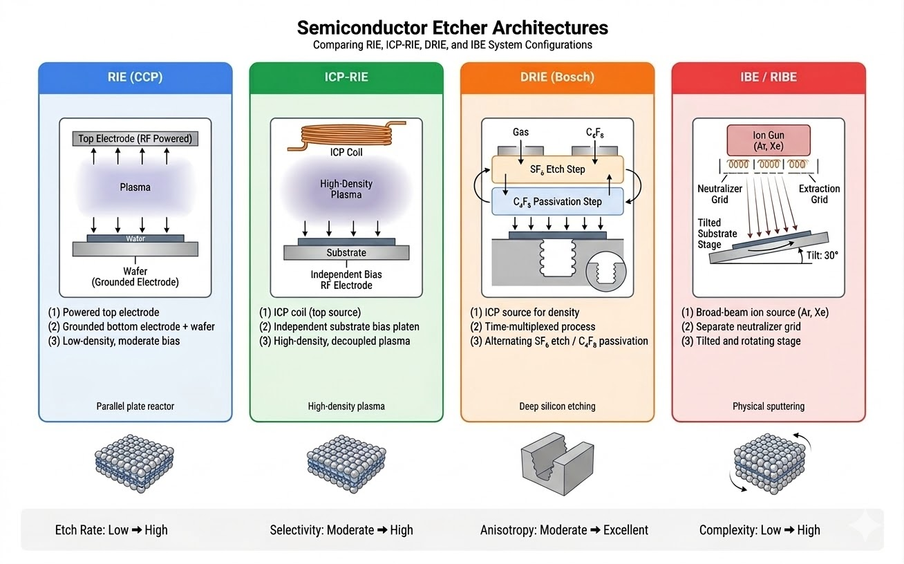 Comparison of four semiconductor etcher architectures: RIE, ICP-RIE, DRIE, and IBE