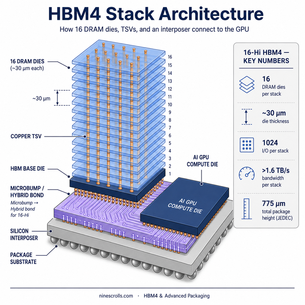 HBM4 stack architecture diagram: 16 DRAM dies stacked with copper TSVs over an HBM base die, hybrid-bond layer, silicon interposer with routing, and adjacent AI GPU compute die on package substrate; sidebar lists 16 dies, ~30 µm die thickness, 1024 I/O, >1.6 TB/s, 775 µm package height