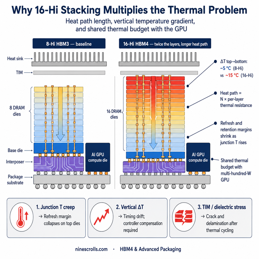 Side-by-side thermal gradient comparison of 8-Hi HBM3 (mild yellow-to-blue gradient) and 16-Hi HBM4 (steep red-to-blue gradient) on shared interposer with AI GPU compute die; three failure-mode callouts: junction T creep, vertical ΔT timing drift, and TIM/dielectric stress