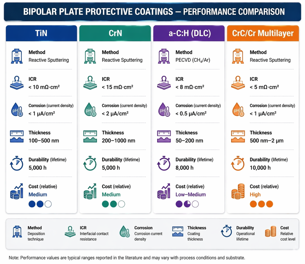 Bipolar plate protective coatings performance comparison — TiN, CrN, a-C:H (DLC), and Cr/C multilayer on interfacial contact resistance, corrosion current, thickness, durability, and cost