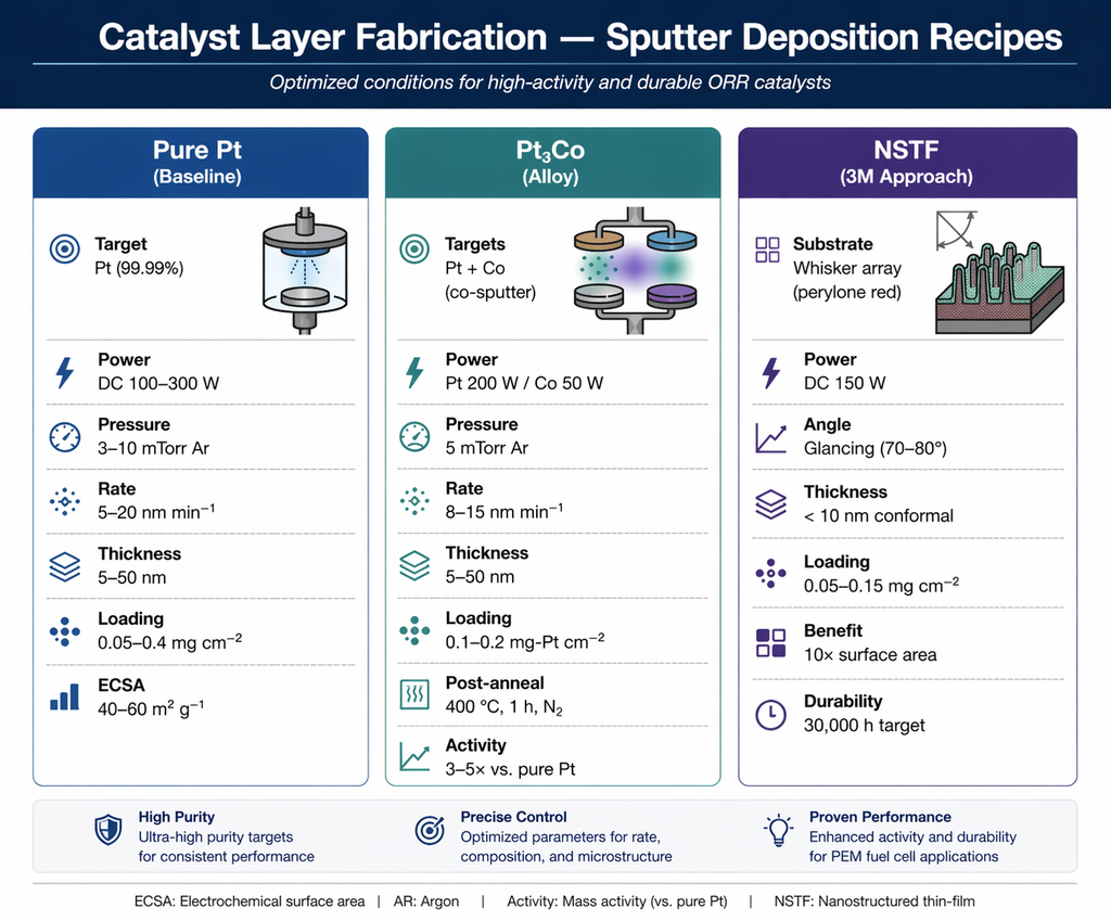 Catalyst layer fabrication sputter deposition recipes — Pure Pt baseline, Pt3Co alloy co-sputtering, and 3M NSTF whisker approach with target, power, pressure, rate, thickness, loading, and ECSA