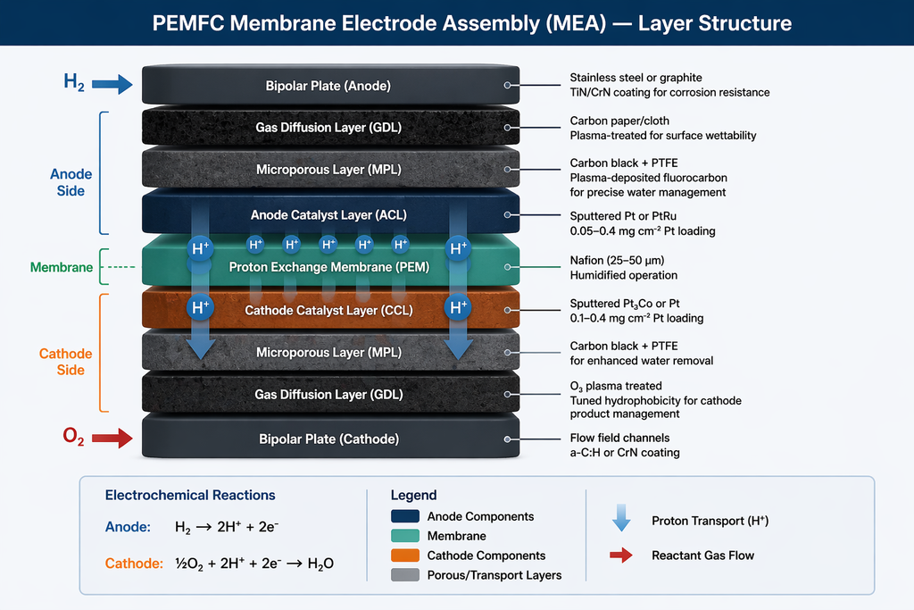 PEMFC membrane electrode assembly (MEA) layer structure — bipolar plates, GDL, MPL, anode/cathode catalyst layers, and Nafion proton exchange membrane with their functions and process notes
