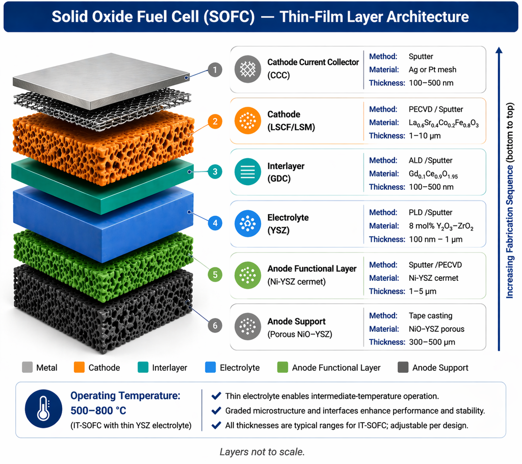 Solid Oxide Fuel Cell (SOFC) thin-film layer architecture — cathode current collector, LSCF/LSM cathode, GDC interlayer, YSZ electrolyte, Ni-YSZ anode functional and support layers with materials and thicknesses