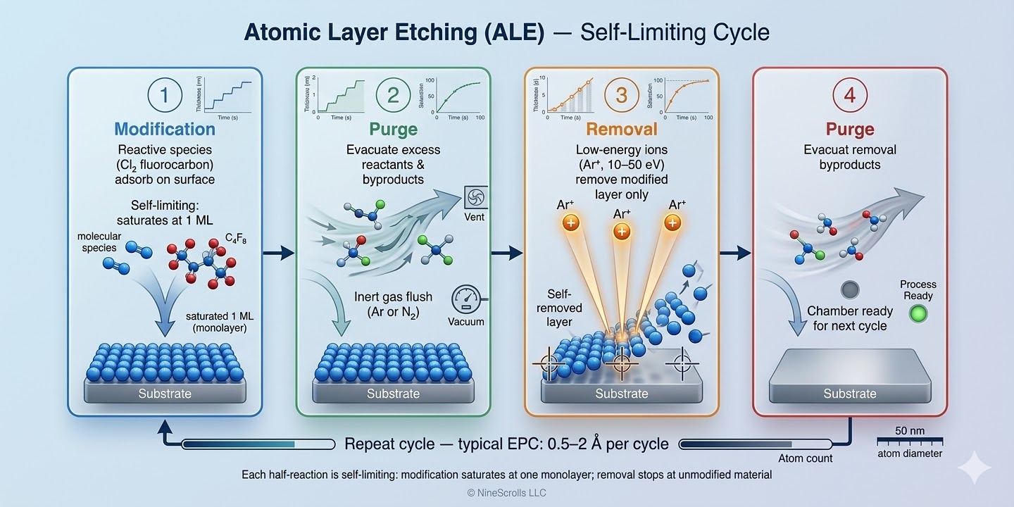 Atomic Layer Etching (ALE) four-step cycle diagram showing surface modification, purge, removal, and purge phases with self-limiting reactions