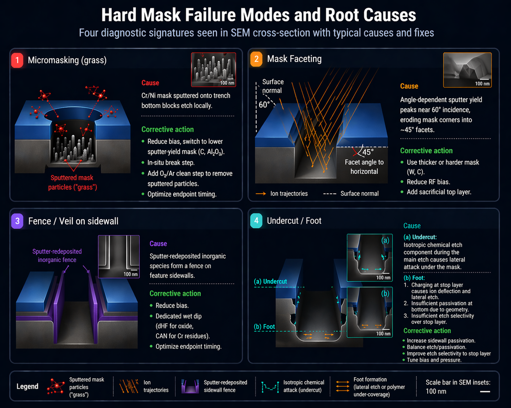 Four common hard mask failure modes shown as SEM-style cross-sections: micromasking (grass from sputtered mask particles), mask faceting (rounded 45-degree corners), sidewall fence or veil from redeposited mask, and undercut or foot at the mask-substrate interface