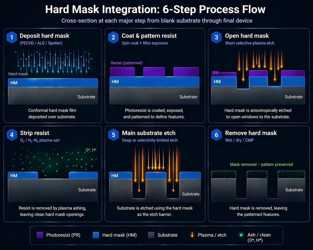 Hard mask integration flow: six-panel cross-section showing hard-mask deposition, resist coat and pattern, hard-mask opening, resist strip, main substrate etch, and final hard-mask removal