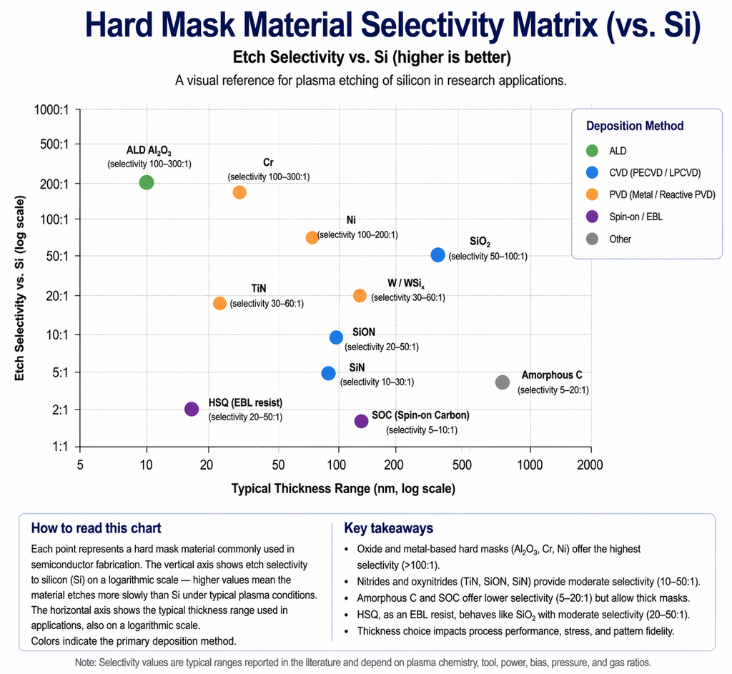Hard mask material selectivity matrix: log-log bubble chart of thickness range versus etch selectivity to silicon, with ALD Al2O3, Cr, Ni, SiO2, TiN, W, SiN, amorphous carbon, HSQ, and SOC colored by deposition method