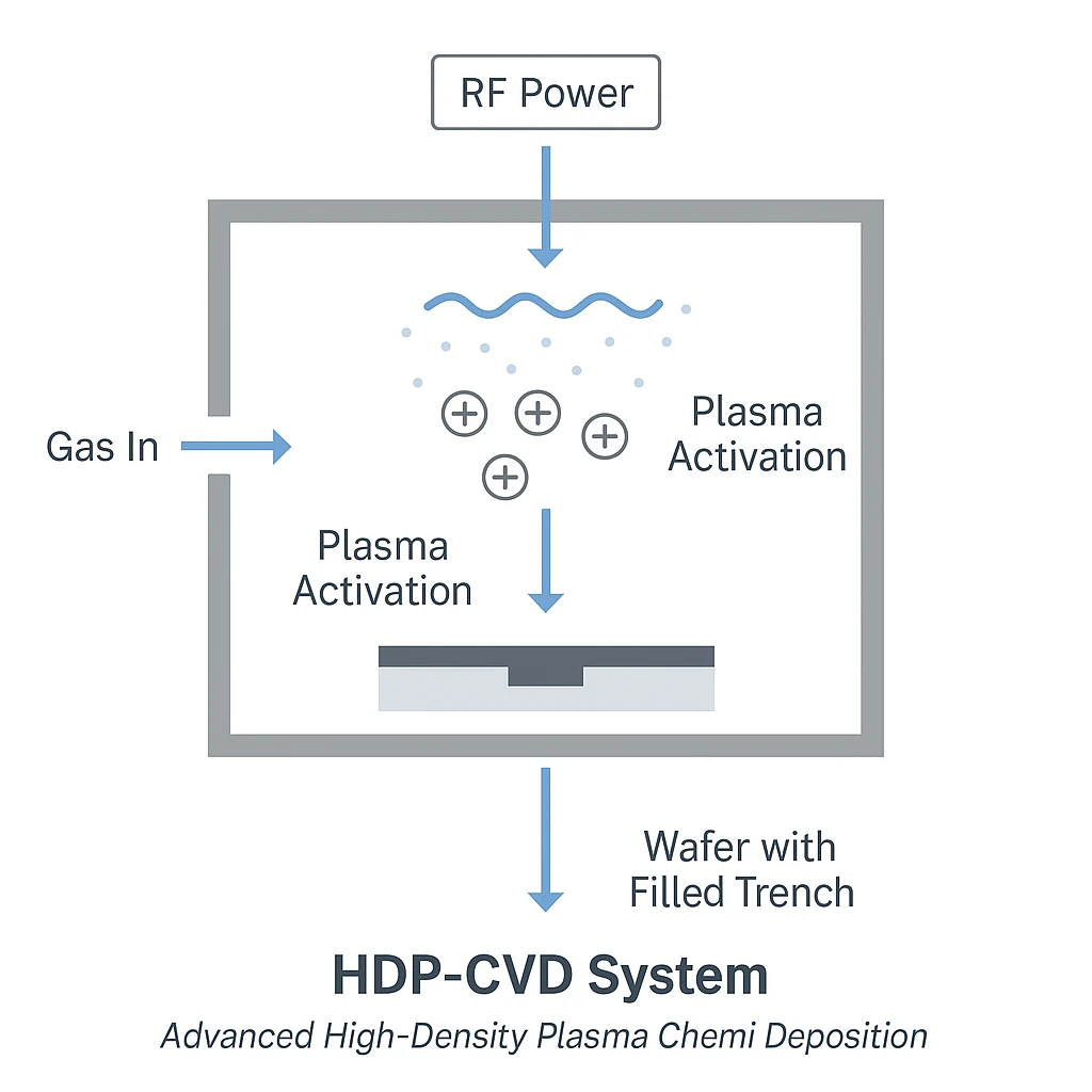 HDP-CVD Process Flow Diagram - High-Density Plasma Chemical Vapor Deposition process flow diagram showing plasma generation, ion bombardment, and film deposition mechanisms