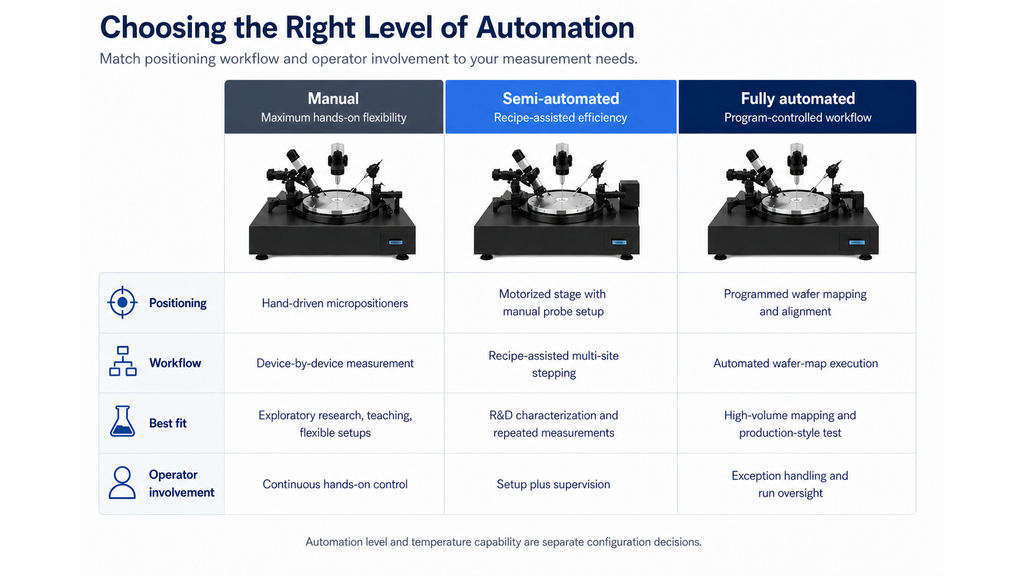 Comparison of manual, semi-automated, and fully automated wafer probe stations across four configuration dimensions: positioning, workflow, best fit, and operator involvement
