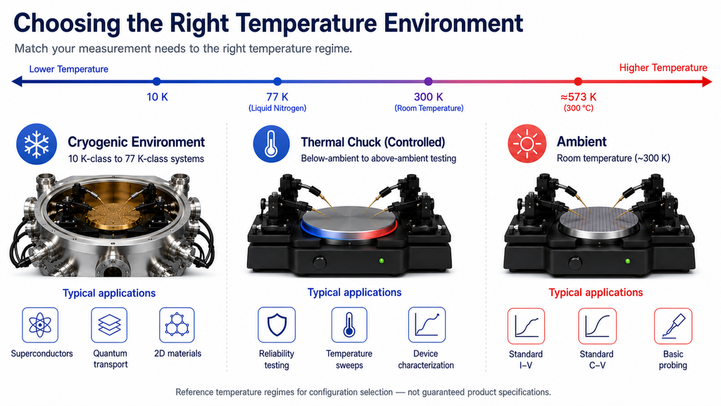 Probe-station temperature environments on a low-to-high scale: cryogenic (10 K-class to 77 K-class), controlled thermal chuck (below- to above-ambient), and ambient (~300 K), with representative research applications for each