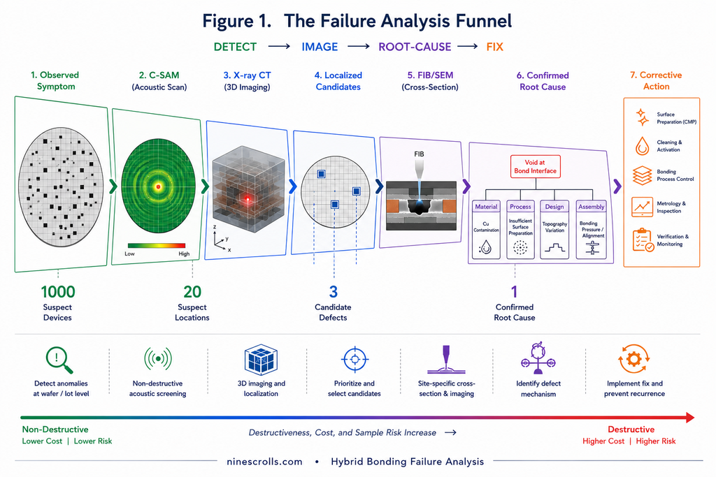 The six-stage hybrid bonding failure-analysis workflow: observed symptom, non-destructive inspection, physical characterization, evidence correlation, suspect root-cause family, corrective action