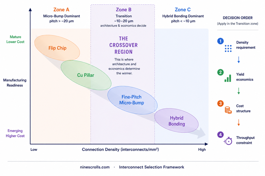 Interconnect selection framework: connection density versus manufacturing readiness and cost economics, plotting flip chip, copper pillar, fine-pitch micro-bump, and hybrid bonding, with micro-bump dominant, transition, and hybrid bonding dominant zones