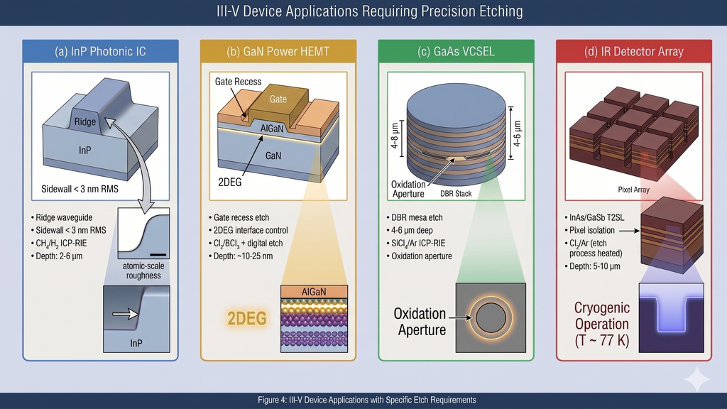 Four III-V device application examples showing InP photonic integrated circuit cross-section, GaN HEMT power device, VCSEL mesa with DBR mirrors, and infrared detector pixel array
