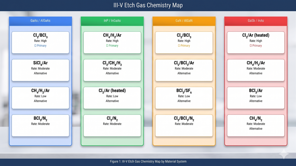 Overview of III-V semiconductor etch gas chemistries showing Cl2-based, CH4/H2-based, and BCl3-based approaches mapped to material systems GaAs, InP, GaN, and their etch product volatilities