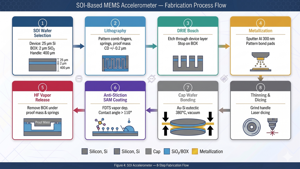 SOI-based MEMS accelerometer fabrication process flow showing 8 steps from SOI wafer preparation through DRIE, metallization, HF vapor release, anti-stiction coating, cap wafer bonding, and final dicing