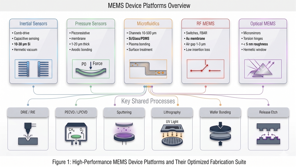 Overview of five major MEMS device platforms: inertial sensors with comb-drive structures, pressure sensors with piezoresistive membranes, microfluidic channels, RF MEMS switches, and optical micromirrors on torsion hinges