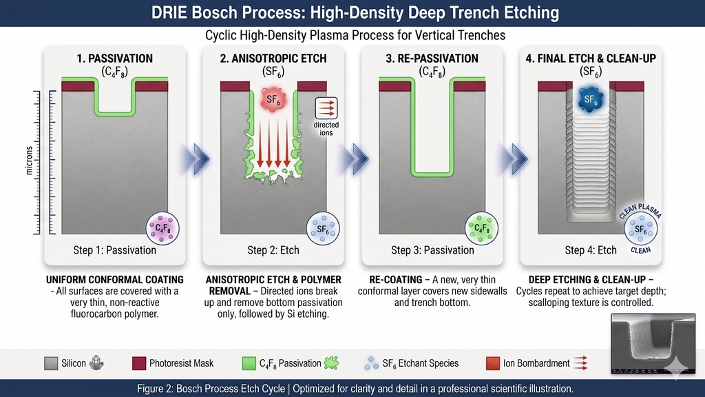 Bosch DRIE process diagram showing alternating SF6 etch and C4F8 passivation cycles producing high-aspect-ratio trenches with characteristic scalloped sidewalls in silicon