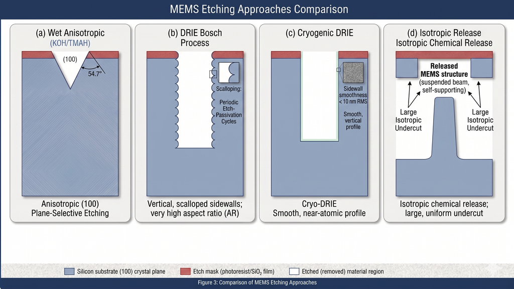 Comparison of MEMS etching approaches: wet anisotropic KOH etch showing 54.7-degree sidewalls, Bosch DRIE with vertical scalloped walls, cryogenic DRIE with smooth vertical walls, and isotropic release etch creating undercut cavities