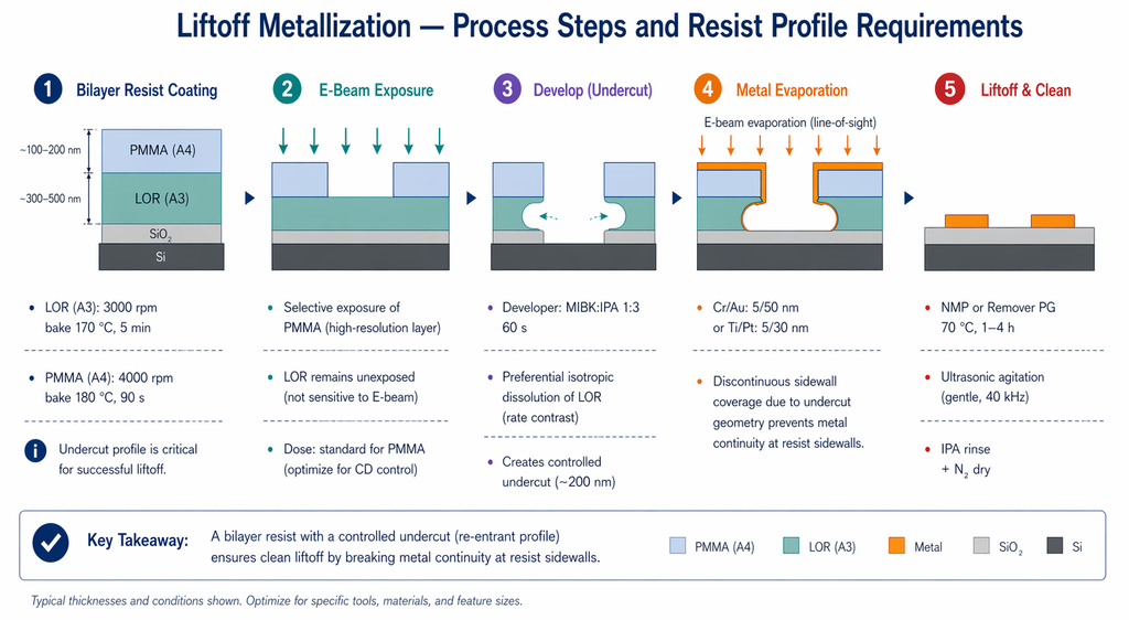 Liftoff metallization process — bilayer resist coating, e-beam exposure, develop with undercut, metal evaporation, and liftoff plus clean, showing PMMA/LOR resist profile