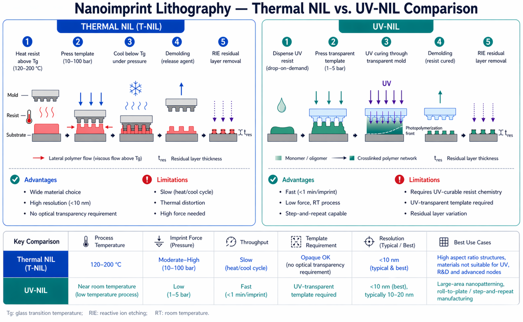 Nanoimprint lithography Thermal NIL vs UV-NIL comparison — process steps, key parameters, advantages, and limitations of each variant