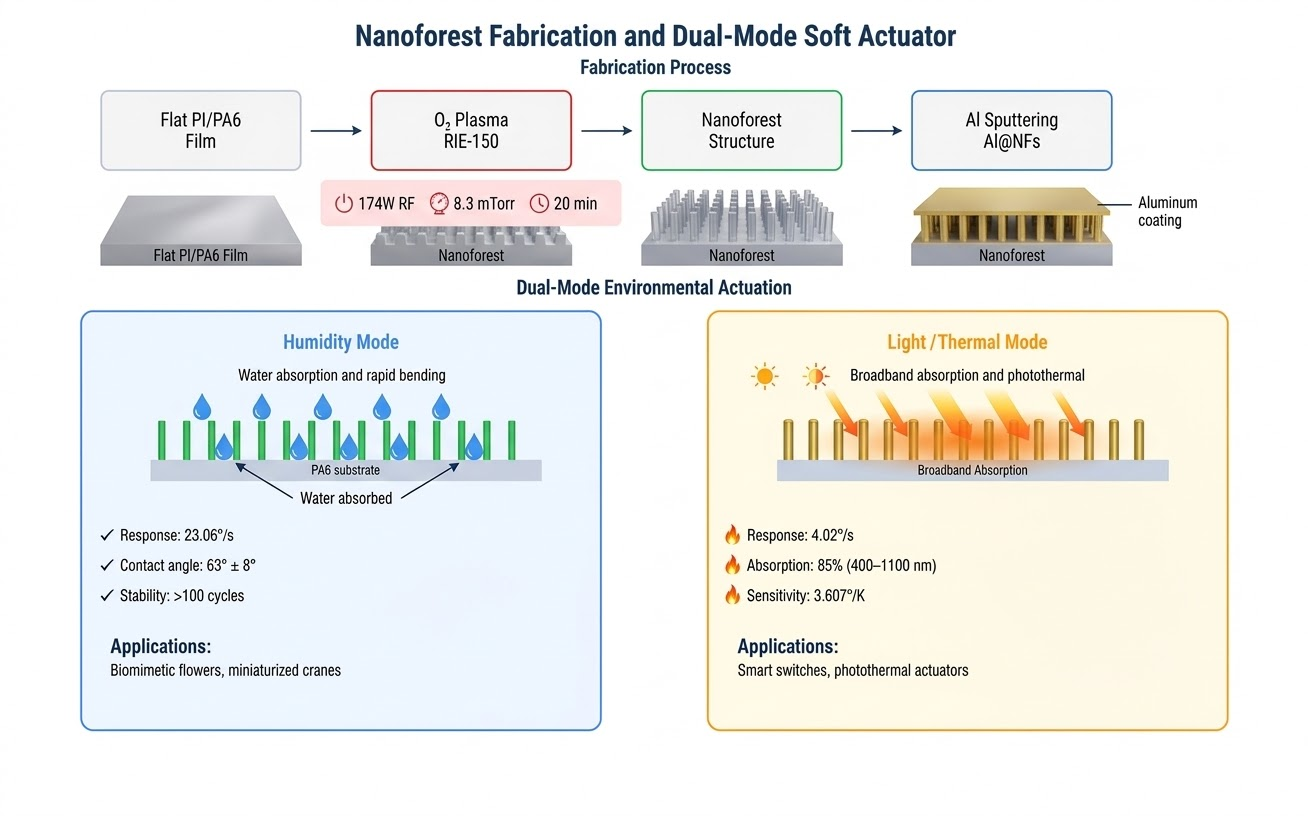 Nanoforest fabrication via RIE-150 oxygen plasma etching and dual-mode soft actuator mechanism