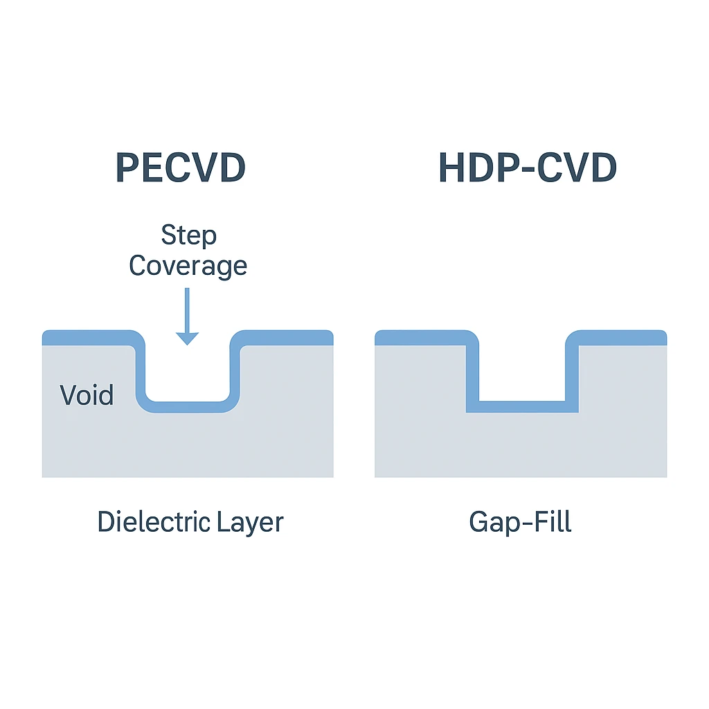 PECVD vs HDP-CVD Gap-Fill Comparison - Comparison showing gap-fill performance between PECVD and HDP-CVD technologies in high-aspect-ratio trenches