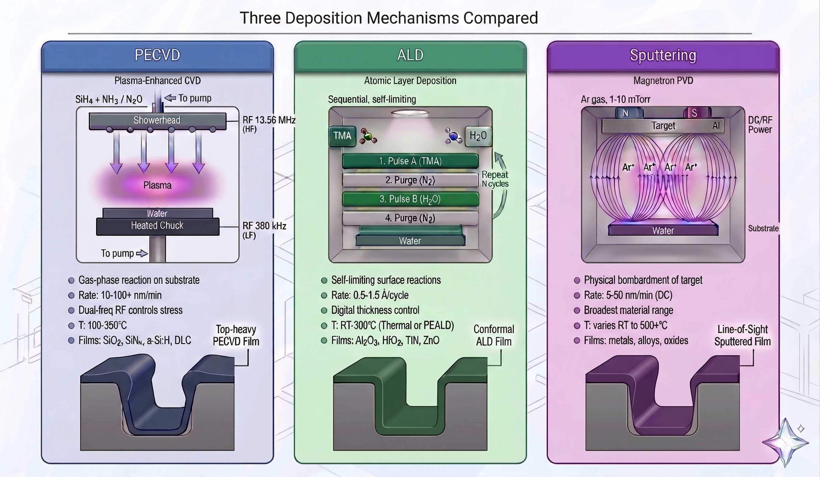 Three Deposition Mechanisms Compared — PECVD (gas-phase plasma reaction), ALD (sequential self-limiting surface reactions), and Sputtering (physical target bombardment) chamber schematics side by side with key operating parameters