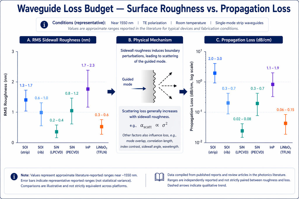Waveguide loss budget — RMS sidewall roughness and propagation loss comparison across SOI, SiN (LPCVD/PECVD), InP, and TFLN platforms with scattering mechanism illustration
