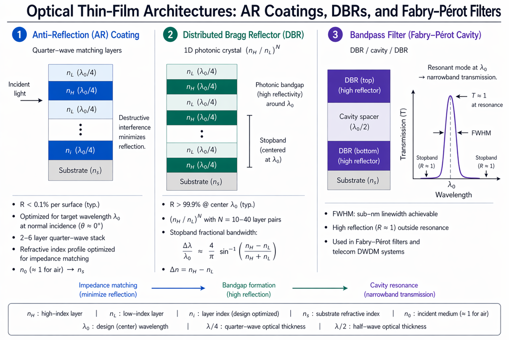 Optical thin-film architectures — anti-reflection coatings, distributed Bragg reflectors, and Fabry-Pérot bandpass filters with layer structures and performance specifications