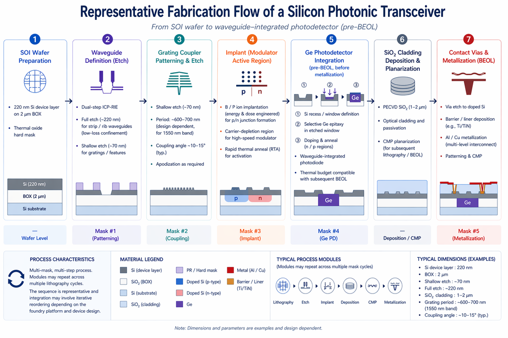 Silicon photonic transceiver fabrication flow — from SOI wafer through waveguide etch, grating coupler, implant doping, Ge photodetector integration, to BEOL metallization