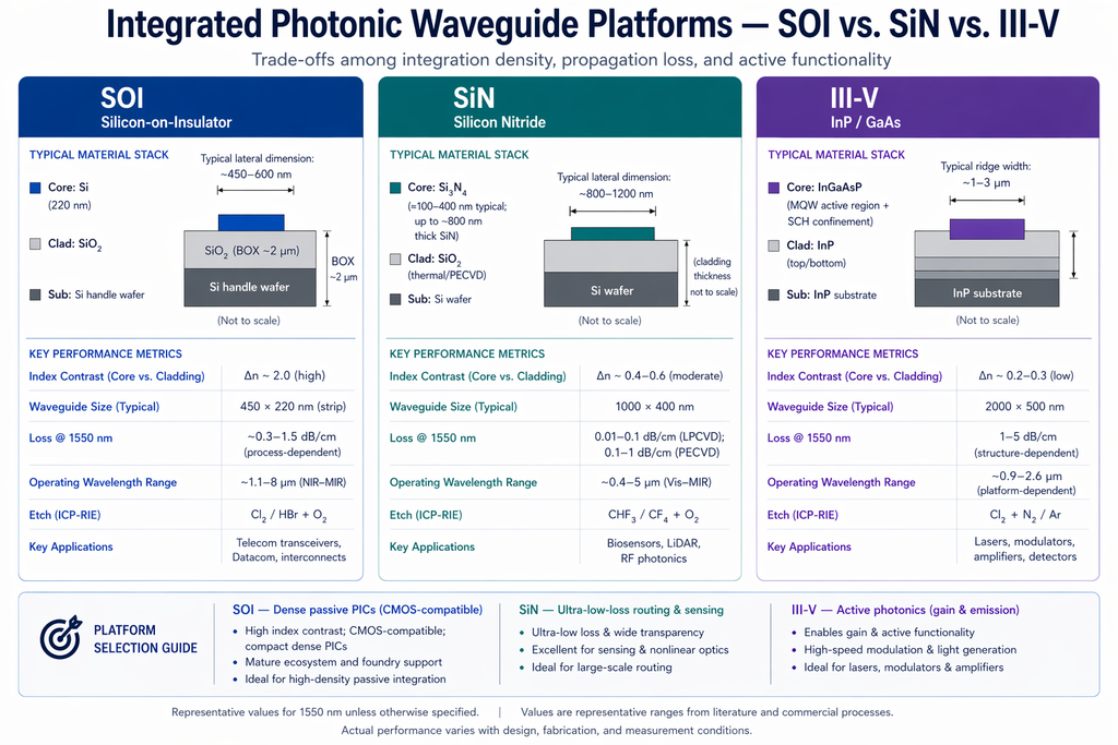 Integrated photonic waveguide platforms comparison — SOI, SiN, and III-V material stacks, cross-sections, performance metrics, and etch processes